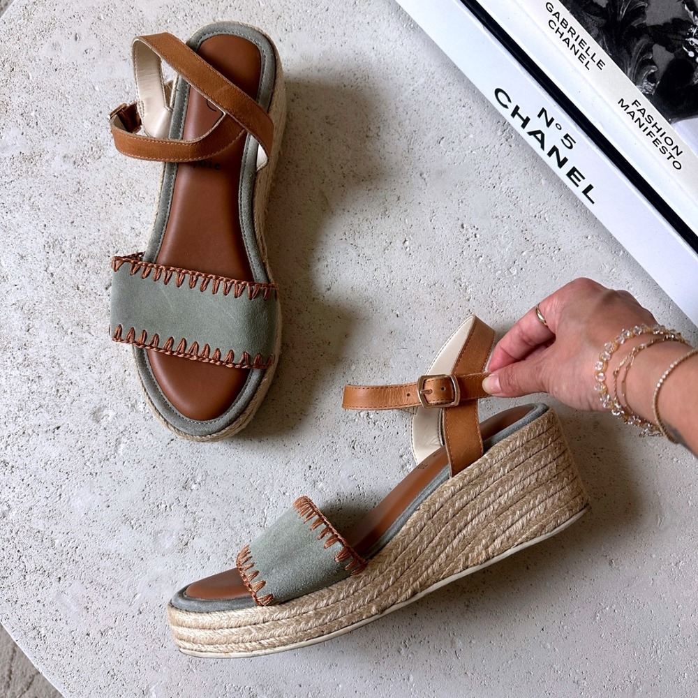 Joie Womens Suede Whipstitch Espadrille Wedge Sandals Tan Leather Boho 9.5